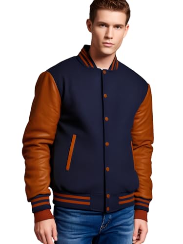 Image of Deckra Men's Varsity Jacket Genuine Leather Sleeve and Wool Blend Letterman Boys College Varsity Jackets XS-5XL