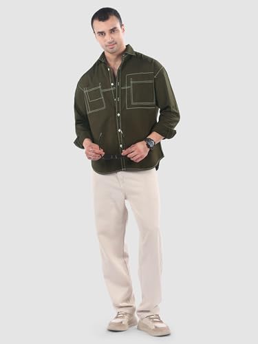 Image of Beyoung Cotton Contrast Stitch Relaxed Fit Shirt for Men | Dual Pockets | Full Sleeves | Casual Shirt