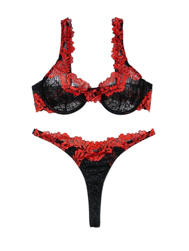 Image of Lilosy Sexy Floral Lace Scallop Underwire Push Up Sheer Lingerie Set Outfits