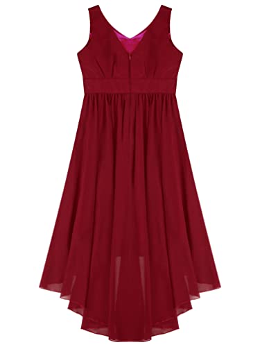 Ranrann Kids Girl's Sleeveless V-Neck Special Occasion Dresses Rhinestone Waist High Low Wedding Party Dress For Junior Teens Burgundy 14 Years #TOP3