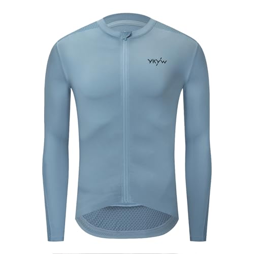 YKYWBIKE Cycling Jersey Men with Pockets Bike Jersey Full Zip Biking Shirts for Men Cycling Breathable MTB Biker Shirts Long Sleeve Cycling Jerseys Blue Gray