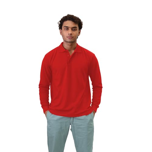 JUST LOOK Men's Long Sleeve Polo Shirt Premium Quality Work Casual Leisure Pique T-Shirt Top (UK, Alpha, XXL, Regular, Regular, Red)