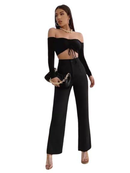 Women’s High Waisted Wide Leg Trousers Button,Formal Straight Fit Pants