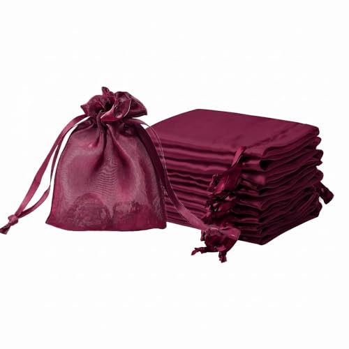 Image of QIANF 20 Pcs Burgundy Small Organza Bags 3X4 inch for Wedding Favors with Drawstring, Mini Mesh Gift Bags Jewelry Pouch for Candy Bridal Shower Party Favor Baby Shower Christmas