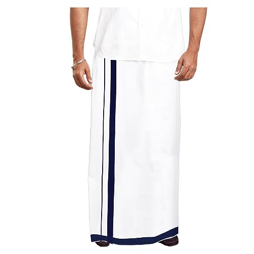 Men's Cotton White Double Dhoti/Mundu/Sarong/Lungi with 1 inch Color Border2