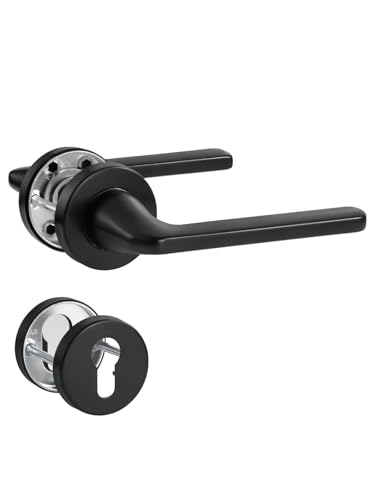 SORWDUERM Poignée de Porte Noire, Garniture de Prothèse en Acier Inoxydable Brossé Mat, Poignée pour Porte d'Entrée et Porte Intérieure, Forme en L, Rosace Ronde, PZ - Cylindre de Profil