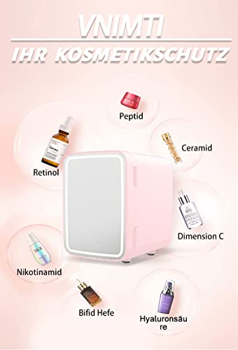 VNIMTI Mini Huidverzorging Koelkast 4 Liter/6 Blikken, Schoonheidskoelkast met Geleide Spiegel, Koeler & Warmer Kleine Compacte Koelkast voor Slaapzaal, Slaapkamer, Auto, Bureau (4L Roze) - Afbeelding 8