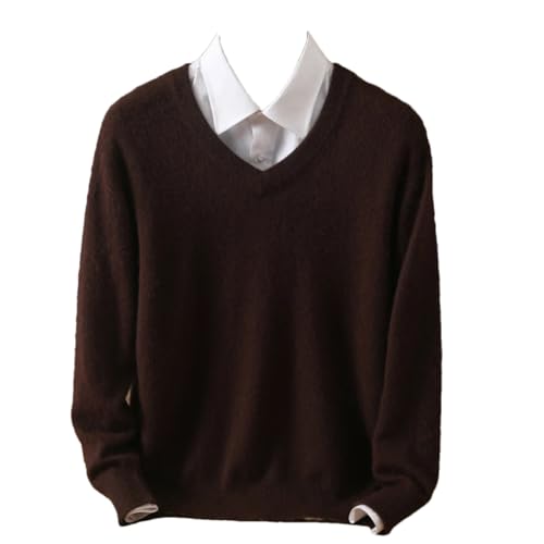Dcvmvmn Men Autumn and Winter Wool Sweater Round Neck Long-Sleeved Knitted Cashmere V-Neck Loose Pullover Coffee
