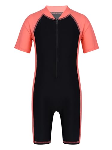 Zaldita Traje de baño para niños y niñas, de manga corta, una pieza, protección UV, para deportes acuáticos y natación Rojo y negro. 110 cm-116 cm