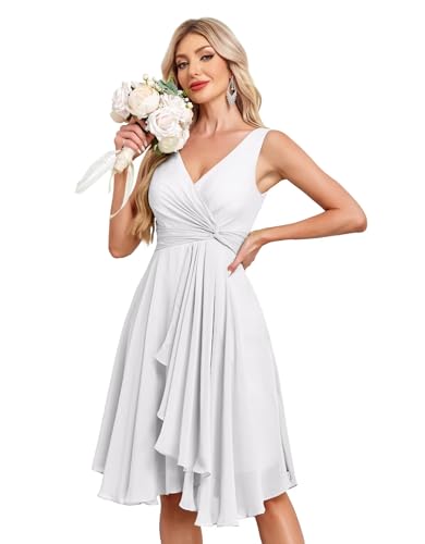 Image of Women's V Neck Short Bridesmaid Dresses 2025 Ruched Waist A Line Chiffon Formal Cocktail Party Dress