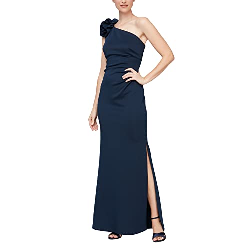 S.L. Fashions Women's Long Length Scuba One Shoulder Gown W/Flower Detail, Wedding Guest Dress, (Petite and Regular Sizes)