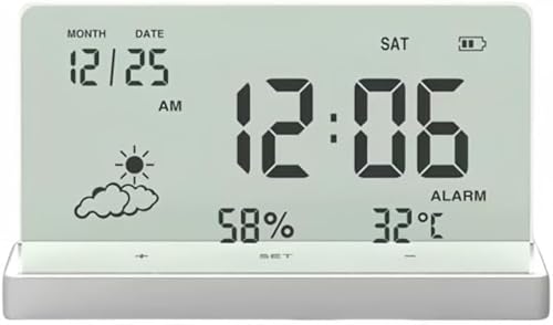 YWHT シンプルクロック天気湿度静音デジタル子供目覚まし時計、透明多機能デスクトップ電子時計、透明大画面温度/湿度/日付表示アイデアクリアデジタル時計付き (メタリックシルバー)