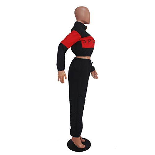 Ophestin Womens Letter Print 2 Piece Outfits Patchwork Windbreaker Tracksuit Set Black Size M