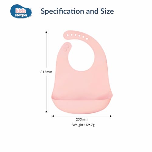 Image of Kids Station Silicone Baby Bib for Feeding & Weaning BPA Free, Soft Adjustable Neckline with Buttons, Washable & Reusable, Ideal for Babies & Toddlers 6 to 36 Months - Pink