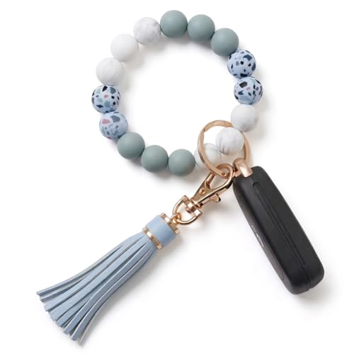 BIHRTC Beaded Wristlet Keychain Silicone House Key Ring Bracelet with Leather Tassel Wristlet Keyrings Circle Bangle Key Chain for Women Girls