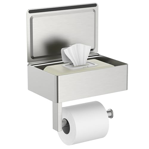 FORIOUS Toilet Paper Holder with Shelf Sanitary Napkin Receptacle Tampon Holder Wall Mount Toilet Paper Holder with Storage Flushable Wipes Dispenser Fits for Bathroom Commercial(1 Brushed Nickel)