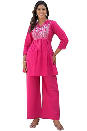 Image of Women's Rayon Kurti Set with Palazzo Pants | Embroidered V-Neck A-Line Short Kurti with 3 /4 Sleeves | Casual Ethnic Co-Ord Set for Daily Wear, Office & Festive