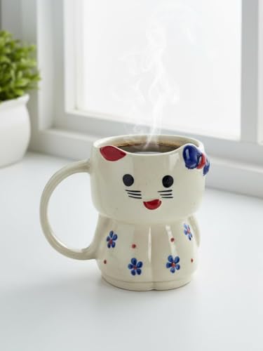 Image of Ceramic Cat Mug with Heart Handle, White Pink, 300ml Capacity, Floral Design Coffee Cup with Lid, Large