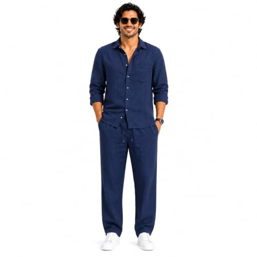 Image of Men's Premium Linen Co-Ord Set | Regular Fit Full Sleeve Solid Shirt with Drawstring Trouser | Breathable Linen Casual Outfit for Summer, Travel, Beach, Vacation & Daily