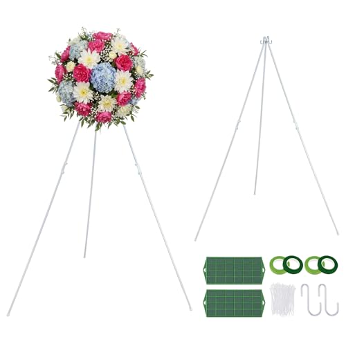 Teecyhooo 1 Set 65 Wreath Stands Making Tool Kit Metal Floral Easel with Floral Foam Cage Collapsible Wreath and Flowers Arrangement Stand for Grave Holiday Indoor Outdoor Decor