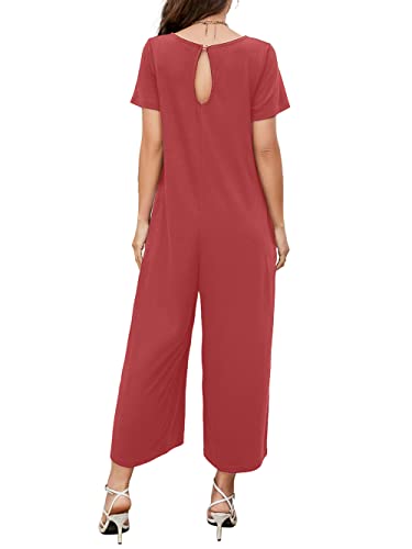 Qnasey Women's Summer Loose Crewneck Jumpsuits Short Sleeve Solid Color Rompers Loungewear With Pockets Large Pink #TOP5