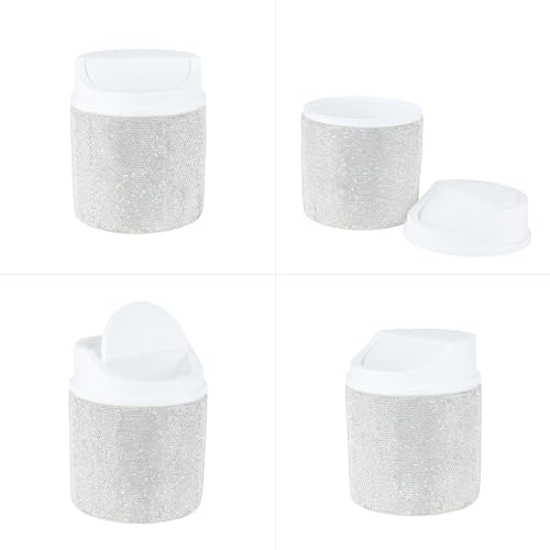 Image of KEYPOWER Bling Rhinestone Mini Plastic Trash Can Cute Small Waste Can with Swing Lid,Suitable for Home Countertop,Car,Table Desk,Office (White)