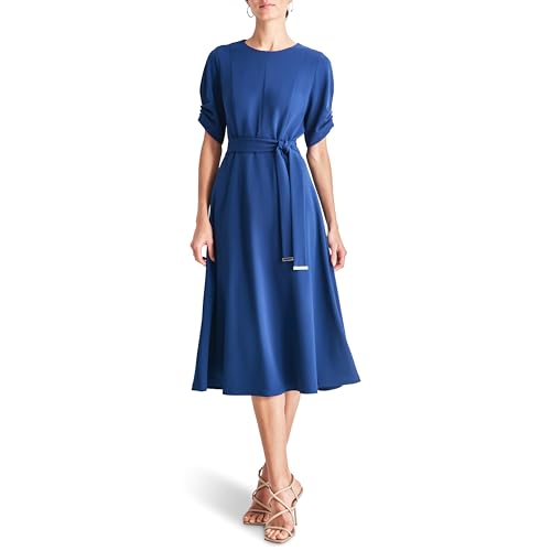 DKNY Women's Short Ruched Sleeve Jewel Neck Midi Dress with Removable Belt2