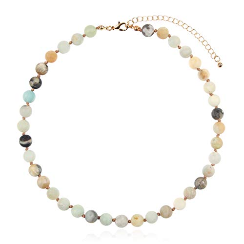 Bohemian Genuine Natural Stone Wood Bead Strand Statement Necklace - Multi Layer Drape, Sparkly Crystal Wrap, Long Chain, Choker (Single Strand - 8mm Amazonite)