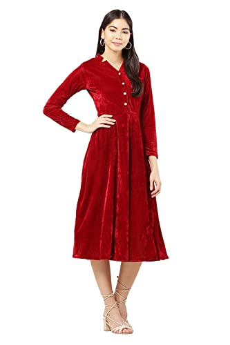 Image of Women's Midi Velvet Short DressWith Band Collar and Sleeve