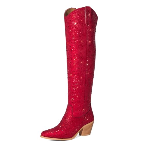 Rollda Rhinestone Cowboy Boots Sparkly Over the Knee Cowgirl Boots Pointed Toe Knee High Boots with Chunky Heel Thigh High Boots