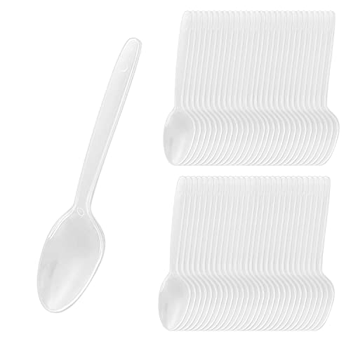 Cuchara de pastel de 100 piezas, cuchara de plástico, cuchara de mango largo; Para postres, pasteles, frutas, ensaladas, utensilios de fiesta reutilizables (transparentes)