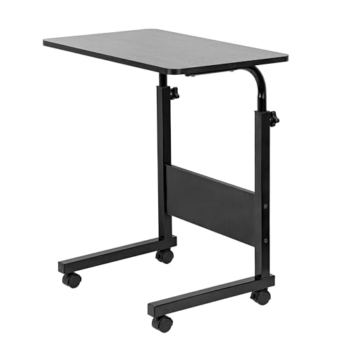 simpa Black Height Adjustable Mobile Laptop Table Overbed Desk & Rolling Workstation with Sturdy Metal Frame & Lockable Castors