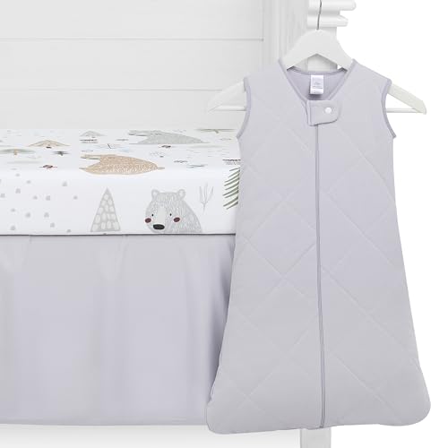 Image of Evolur Grizzly Bear 3 Piece Crib Bedding Set, Machine Washable, Soft and Breathable Toddler Bedding Set, Includes Fitted Sheet, Wearable Blanket and Crib Skirt
