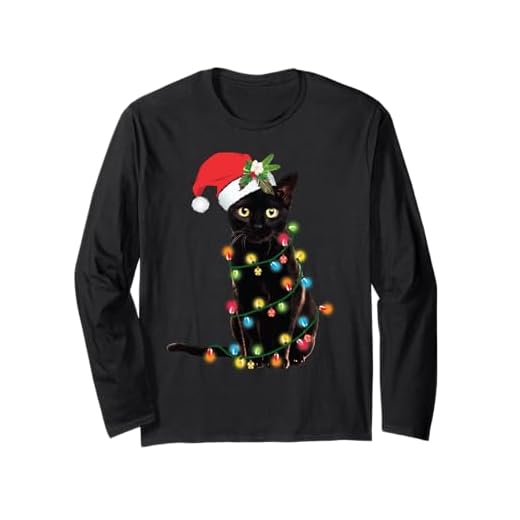 Père Noël chat noir emmêlé dans les lumières de Noël Manche Longue