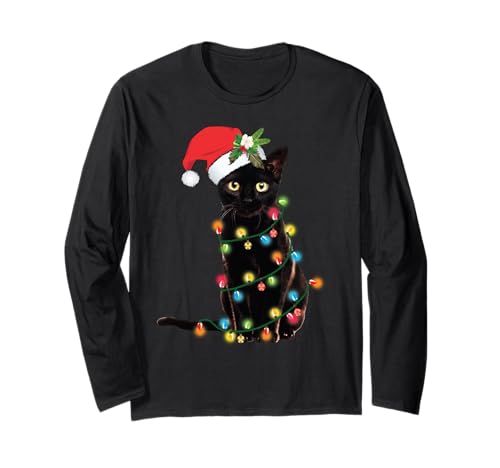 Black Cat Santa aggrovigliato nelle luci di Natale Maglia a...