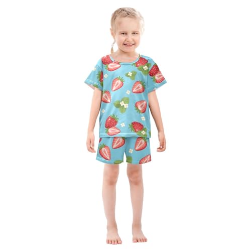 Pajama Short Sets Strawberry Pattern with Flowers Soft Cotton Summer Sleepwear 2 Piece PJS Size 5-14T4