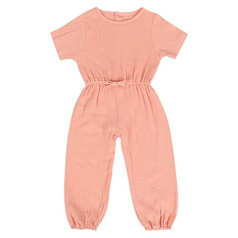 Jurebecia Girls' dungarees & Jumpsuits Baby Girl Jumpsuits Summer Fall Solid color Short Sleeve Cotton Romper One-Pieces Clothing Pink 5-6 Years Cover