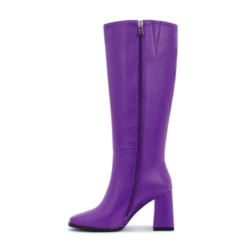 Image of Knee High Boots for Women - Wide Calf Boots with Zipper, Square Toe Tall Leather Boots, Chunky Heel Fashion Long Boots