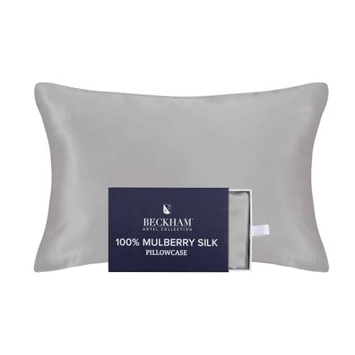 Image of Beckham Hotel Collection Silk Pillow Case with Zipper, 100% Mulberry Silk Pillowcase for Hair & Skin, 22 Momme 6A Grade, Oeko-TEX Certified, 1PC, King, Silver Cloud