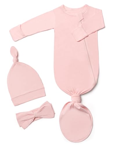 Image of Knotted Gown Baby Newborn 0-3 Months, Baby Noah Zipper Tie Gown with Hat for Baby Girl Boy, Soft Stretchy Coming Home Outfit Pink