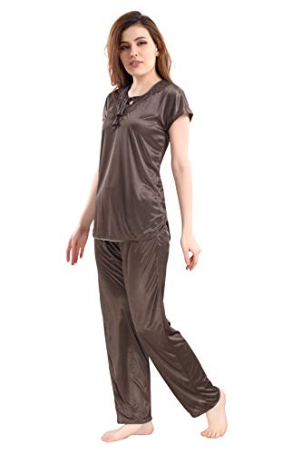 Image of Romaisa Women's Brown Satin Night Suit Set for Women - Stylish Pajama Set Sleepwear Lounge Wear Comfortable Nightwear