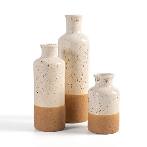 CUCUMI Boho Table Decor, 3pcs Boho Vase, White and Brown Duotone, Boho Living Room Decor, Small Vases, Coffee Table Decorations for Living Room