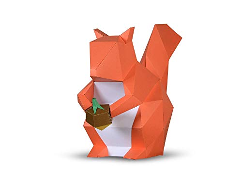 Squirrel Paper Sculpture,Pre-cut DIY Papercraft Kit,Handmade Animal Figurine,Orange Color,Low Poly Home Decor,All Accessories Included