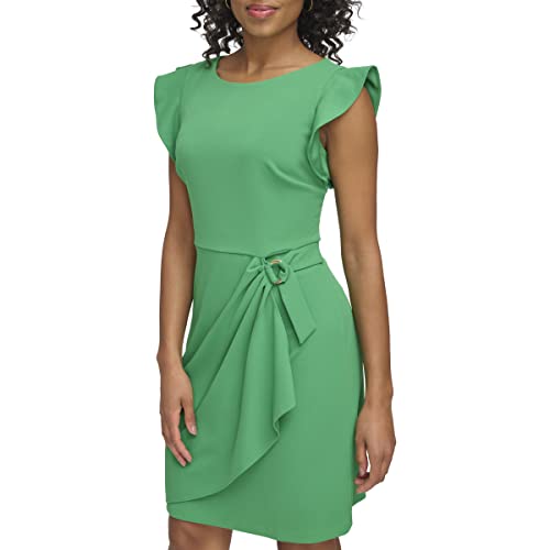 Image of DKNY Women's Flutter Sleeve Faux Wrap Dress with Hardware