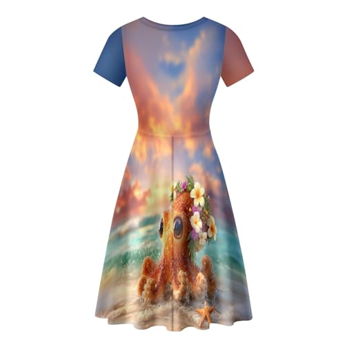 Image of Forchrinse Octopus Dresses for Women Casual Short Sleeve A Line Dress Summer Crew Neck Swing Midi Dresses Soft High Waist T Shirt Sundress for Beach Vacation Work