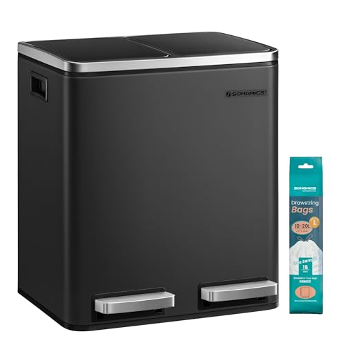 SONGMICS Mülleimer Küche, 2 x 15 Liter, Mülltrennsystem 2 Fächer, inklusive 15 Müllbeutel, Abfalleimer, Treteimer, recycelbare Abfälle, Biomüll, Softclose-Deckel, tintenschwarz LTB30BK