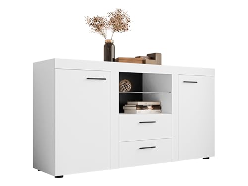 Mirjan24 Kommode Rango mit Glasboden, Highboard Sideboard, Anrichte, Naturtöne, Mehrzweckschrank, Wohnzimmerschrank, Anrichte, Schrank (ohne Beleuchtung, Weiß)