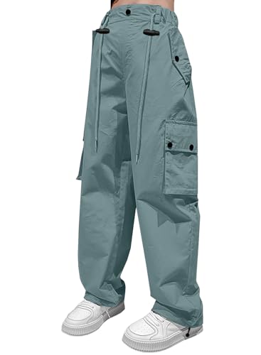 Image of HENGAO Girls Cargo Pants Parachute Casual Jogger Y2K 5-14 Years | Kids Baggy pants Parachute, Drawstring, with Pockets, Elastic High Waist, Loose Trousers Streetwear