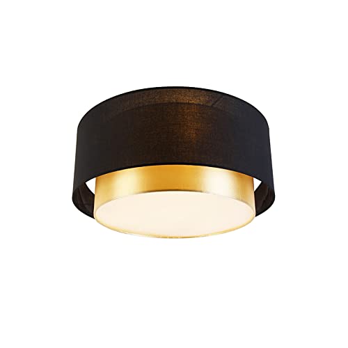 Qazqa - Modern Ceiling Lamp I Ceiling Flush Light Black with Gold 50 cm 3-Light - Drum Duo- - Modern - Suitable for LED E14 | 3 Light - Fabric Flush Ceiling Light - Suitable for Living Room I Kitche