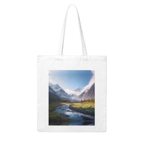 Travel Mountain Scenery Print Canvas Shopping Bag Reusable Eco-Friendly Handbag With Large Capacity For Everyday Use